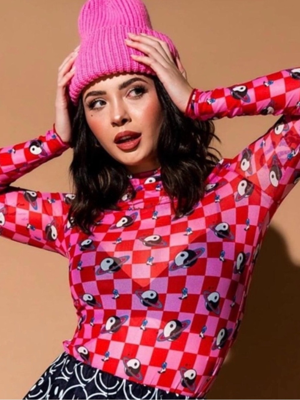 Dressed in LALA Pink Checkerboard Yin-Yang Mesh Long Sleeve Top